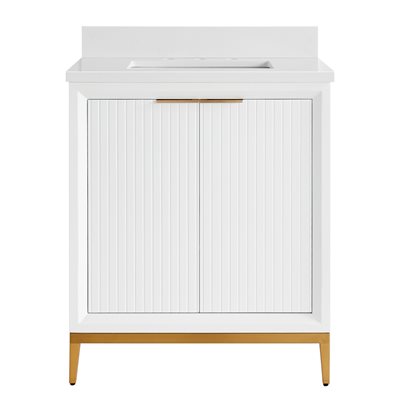 Bungalow 30" White and Gold Bathroom Vanity with Pure White Quartz Countertop and Basin