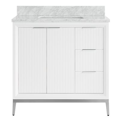 Bungalow 36" White and Silver Bathroom Vanity with Carrara Marble Countertop and Basin