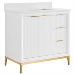 Bungalow 36" White and Gold Bathroom Vanity with Pure White Quartz Countertop and Basin