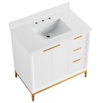 Bungalow 36" White and Gold Bathroom Vanity with Pure White Quartz Countertop and Basin