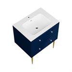 Alma Blue 30" Vanity w / Gold Legs & Knobs with Integrated White Solid Surface Top