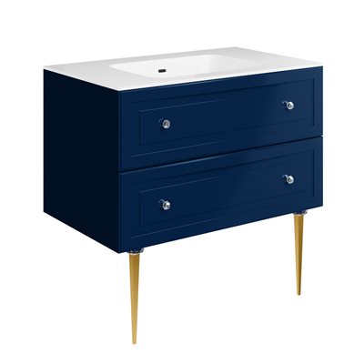 Alma Blue 36" Vanity w / Gold Legs & Knobs with Integrated White Solid Surface Top