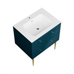 Alma Turquoise 30" Vanity w / Gold Legs & Knobs with Integrated White Solid Surface Top